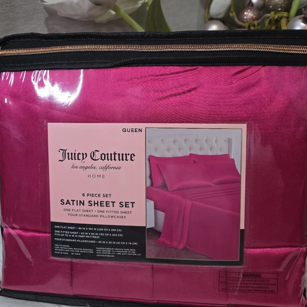 Juicy Couture Queen Hot Pink Satin 6piece Sheets Set. new